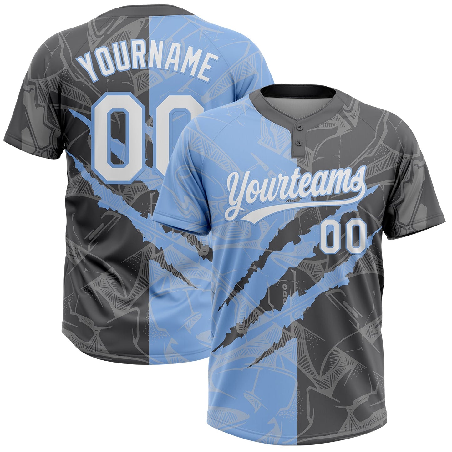 Custom Graffiti Pattern White Steel Gray-Light Blue 3D Scratch Two-Button Unisex Softball Jersey