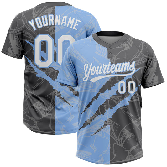 Custom Graffiti Pattern White Steel Gray-Light Blue 3D Scratch Two-Button Unisex Softball Jersey