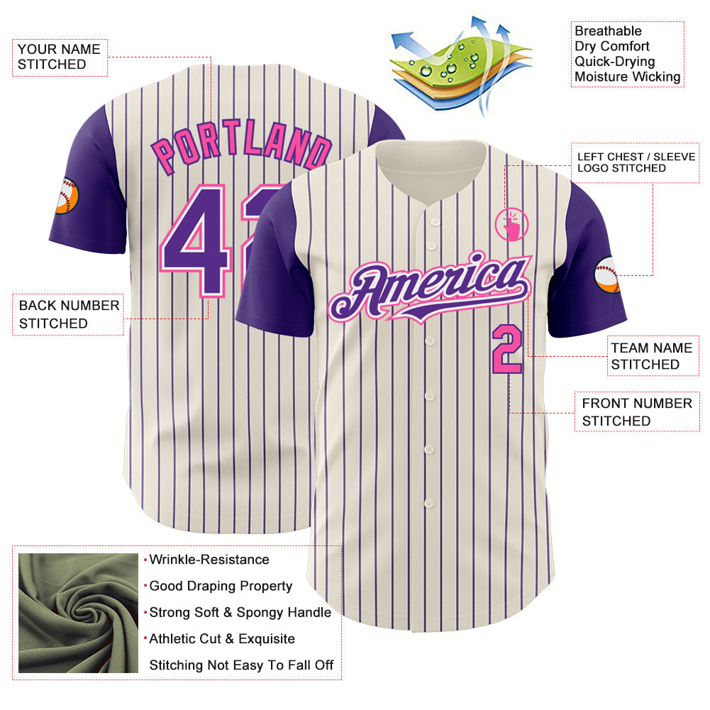 Custom Cream Purple Pinstripe White-Pink Authentic Two Tone Baseball Jersey