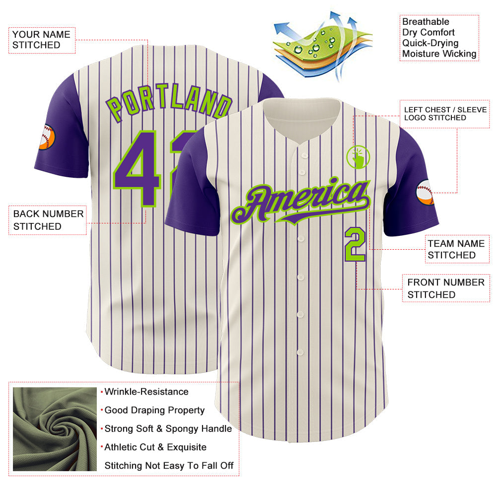 Custom Cream Purple Pinstripe Neon Green Authentic Two Tone Baseball Jersey