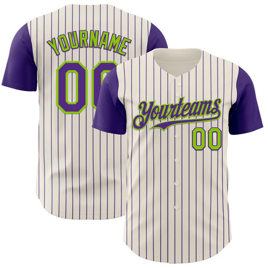 Custom Cream Purple Pinstripe Neon Green Authentic Two Tone Baseball Jersey