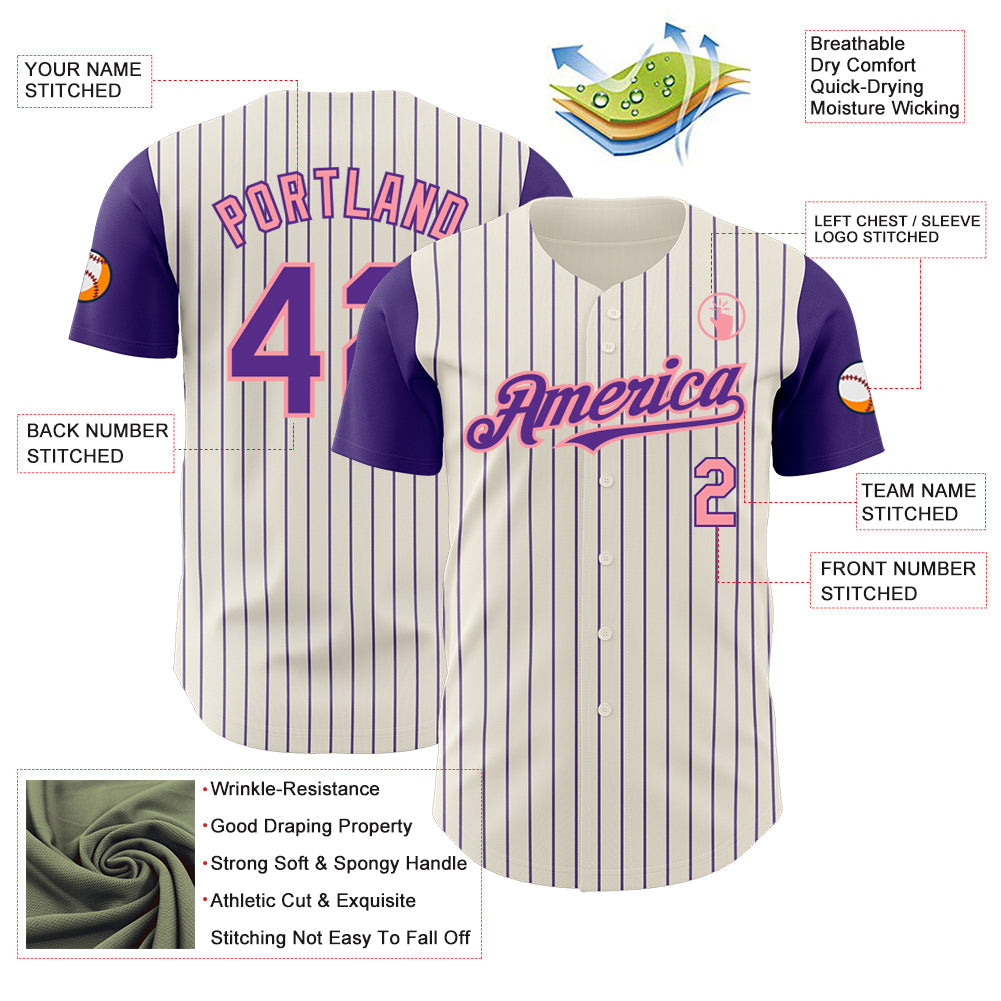 Custom Cream Purple Pinstripe Medium Pink Authentic Two Tone Baseball Jersey