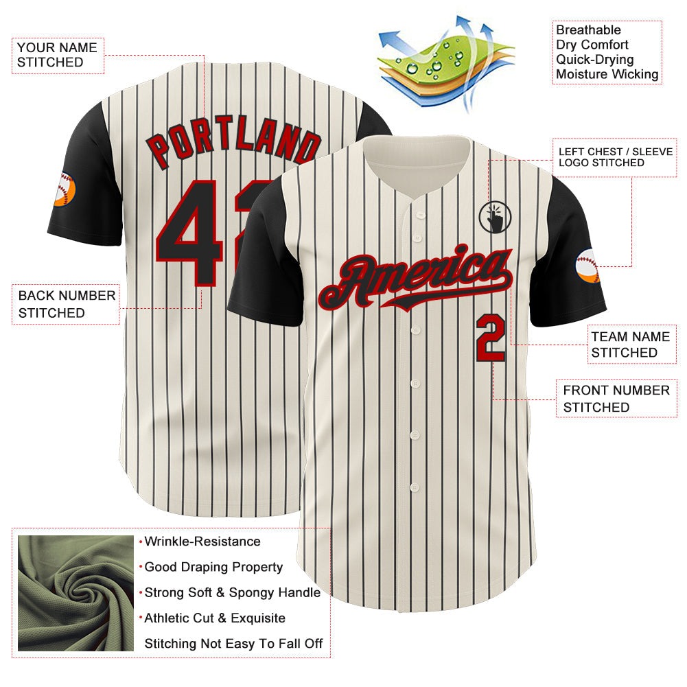Custom Cream Black Pinstripe Red Authentic Two Tone Baseball Jersey