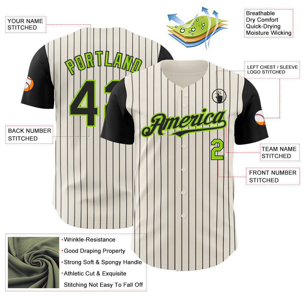 Custom Cream Black Pinstripe Neon Green Authentic Two Tone Baseball Jersey