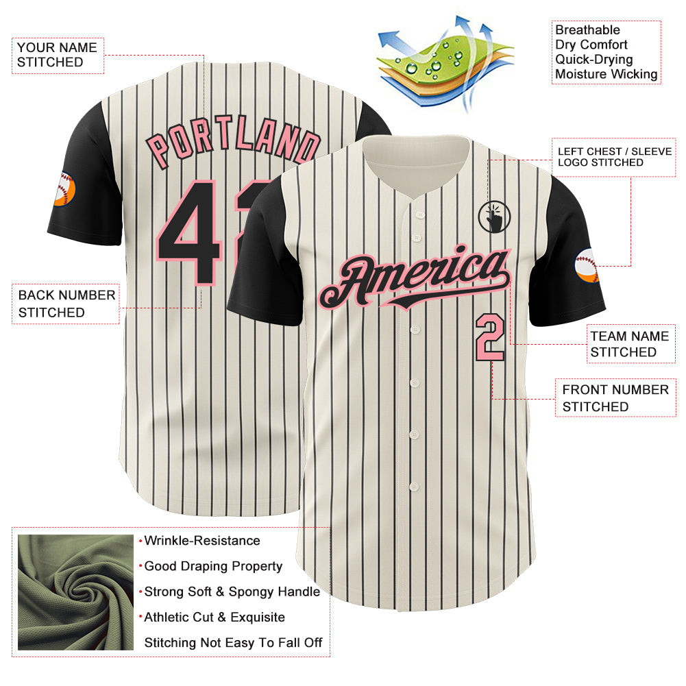 Custom Cream Black Pinstripe Medium Pink Authentic Two Tone Baseball Jersey