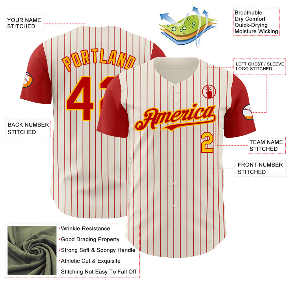 Custom Cream Red Pinstripe Gold Authentic Two Tone Baseball Jersey