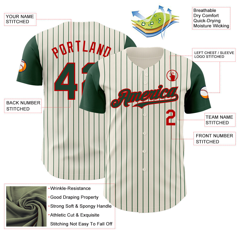 Custom Cream Green Pinstripe Red Authentic Two Tone Baseball Jersey