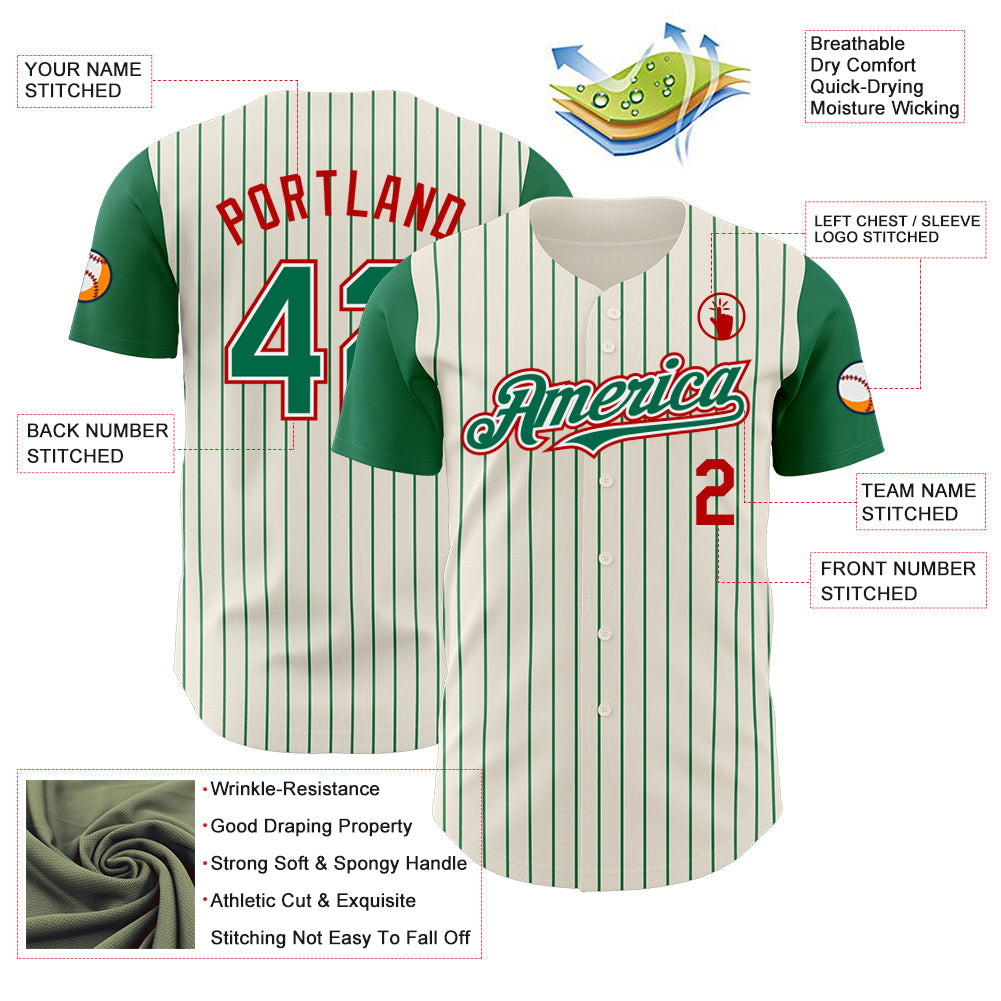 Custom Cream Kelly Green Pinstripe White-Red Authentic Two Tone Baseball Jersey