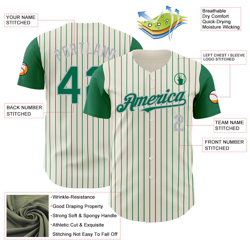 Custom Cream Kelly Green Pinstripe Gray Authentic Two Tone Baseball Jersey