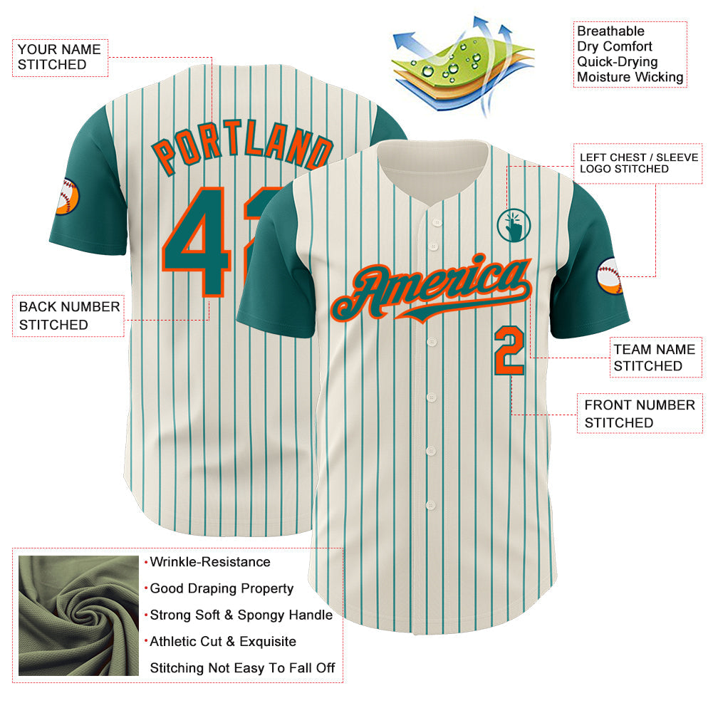 Custom Cream Teal Pinstripe Orange Authentic Two Tone Baseball Jersey
