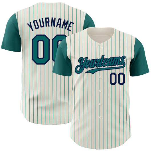 Custom Cream Teal Pinstripe Navy Authentic Two Tone Baseball Jersey