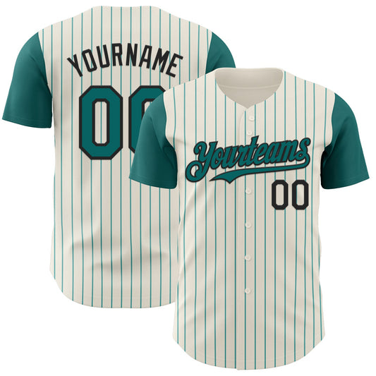 Custom Cream Teal Pinstripe Black Authentic Two Tone Baseball Jersey
