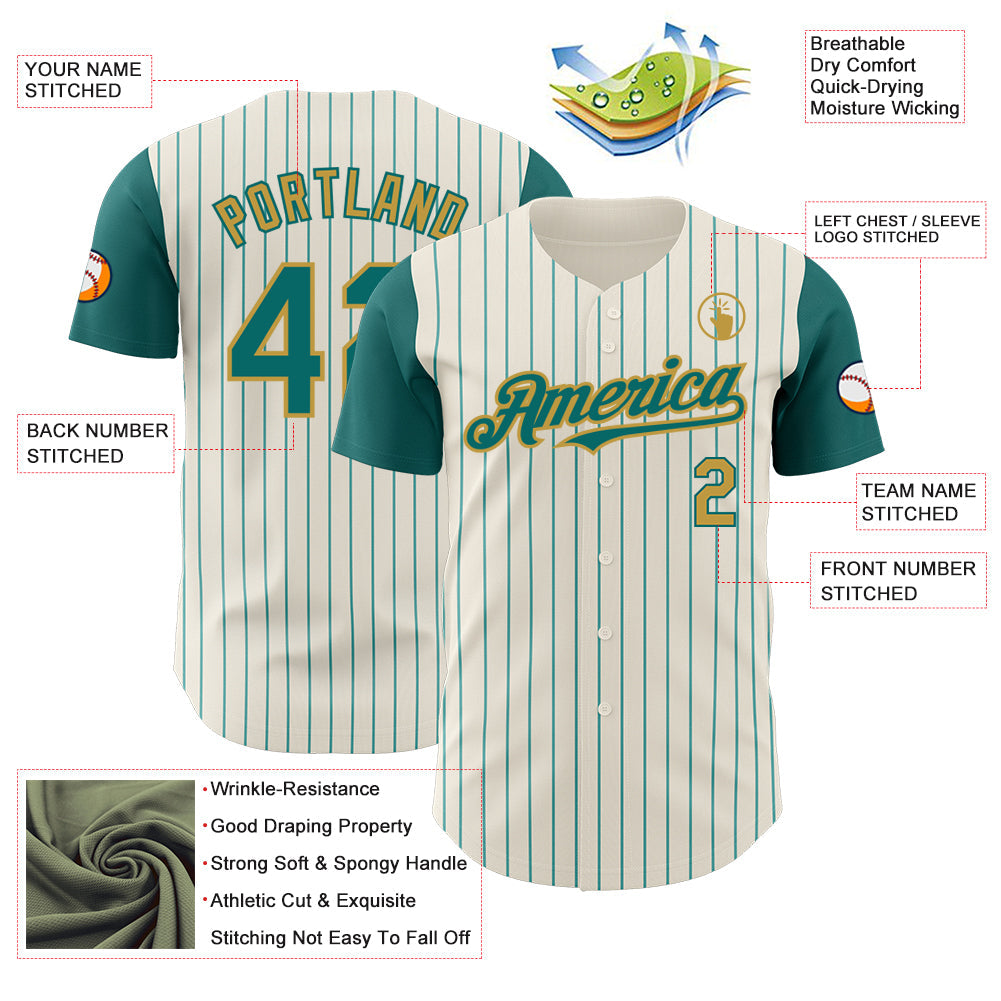 Custom Cream Teal Pinstripe Old Gold Authentic Two Tone Baseball Jersey