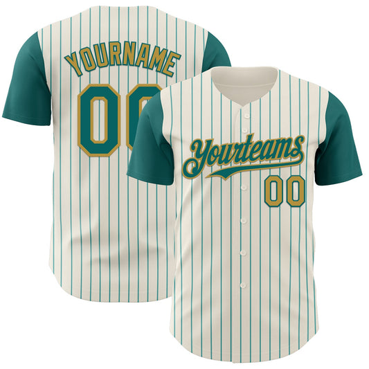 Custom Cream Teal Pinstripe Old Gold Authentic Two Tone Baseball Jersey