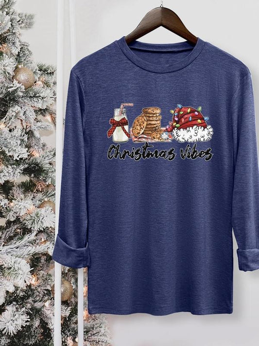 Women's Christmas Themed Cartoon Graphic Tee, Casual Letter Print Long Sleeve Round Neck T-shirt for Fall & Winter, Women's Top for Daily Wear