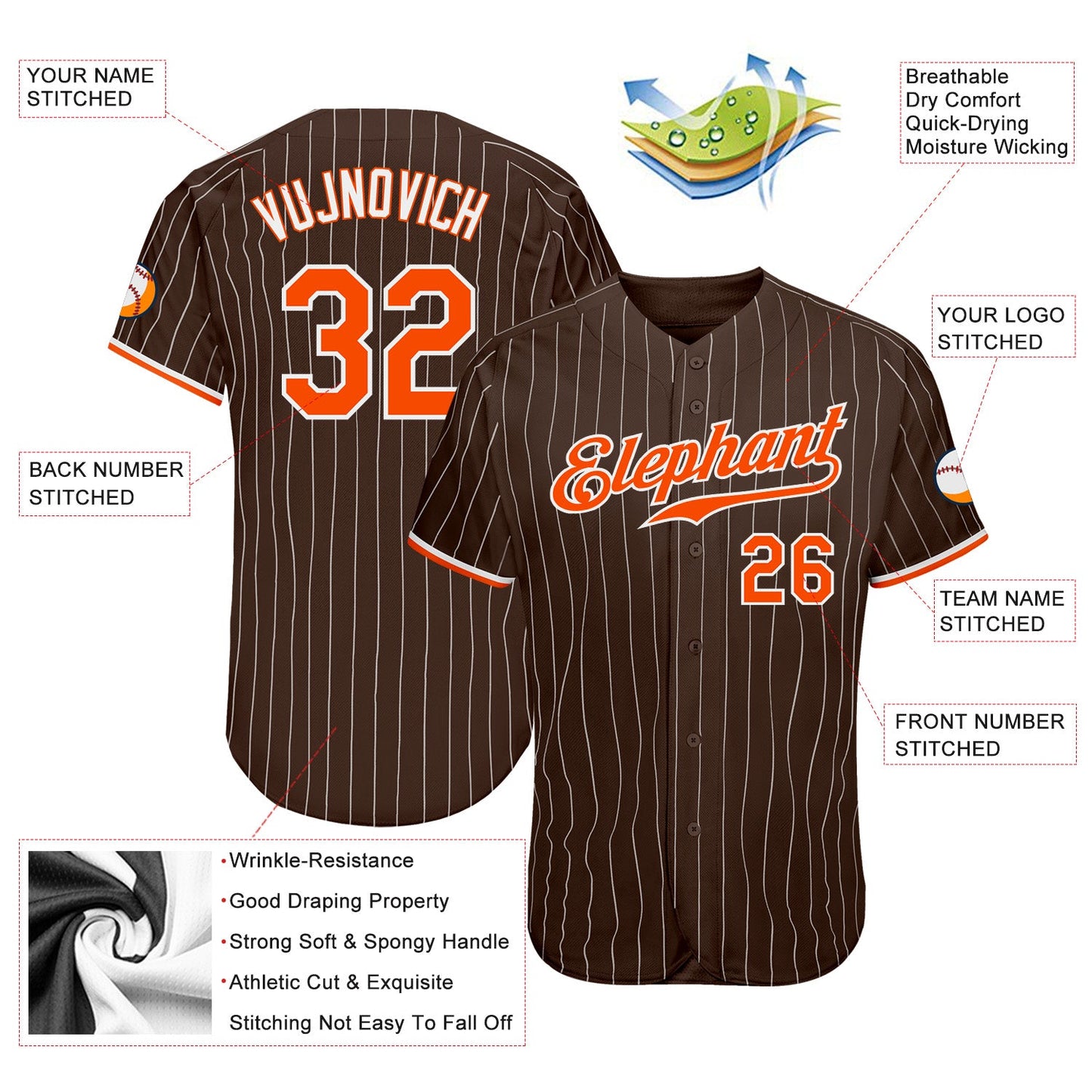 Custom Brown White Pinstripe Orange-White Authentic Baseball Jersey