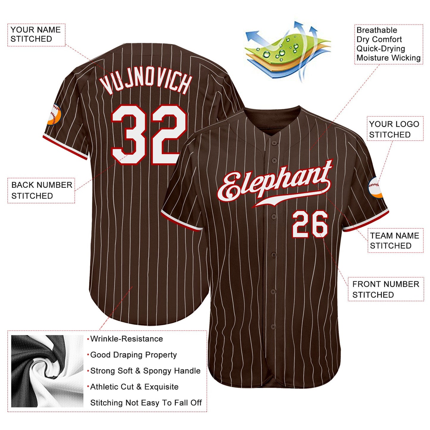 Custom Brown White Pinstripe White-Red Authentic Baseball Jersey