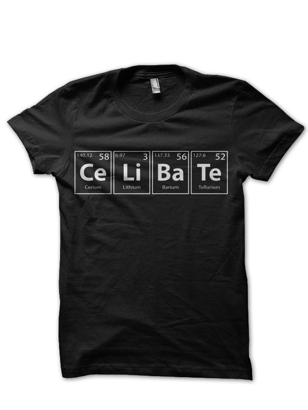Celibate (Ce-Li-Ba-Te) Periodic Elements Spelling Black T-Shirt
