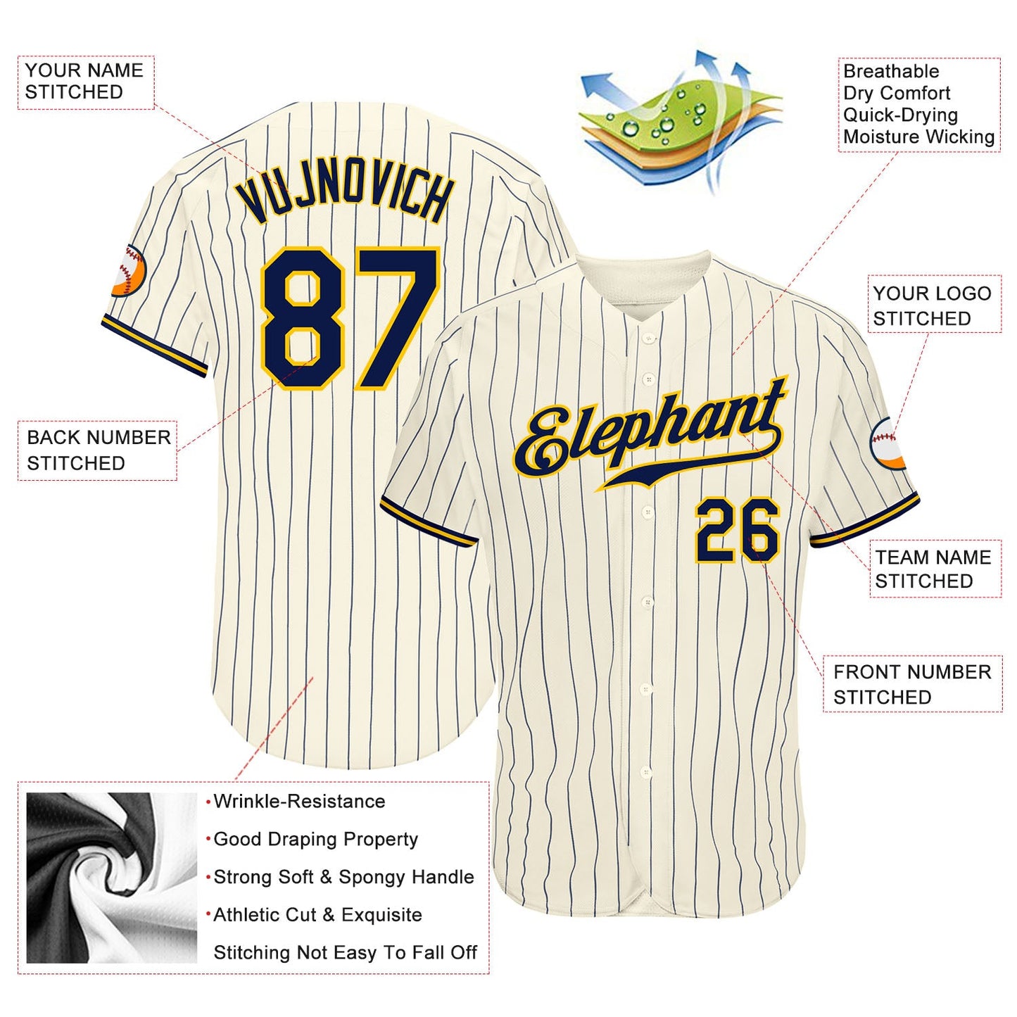 Custom Cream Navy Pinstripe Navy-Gold Authentic Baseball Jersey