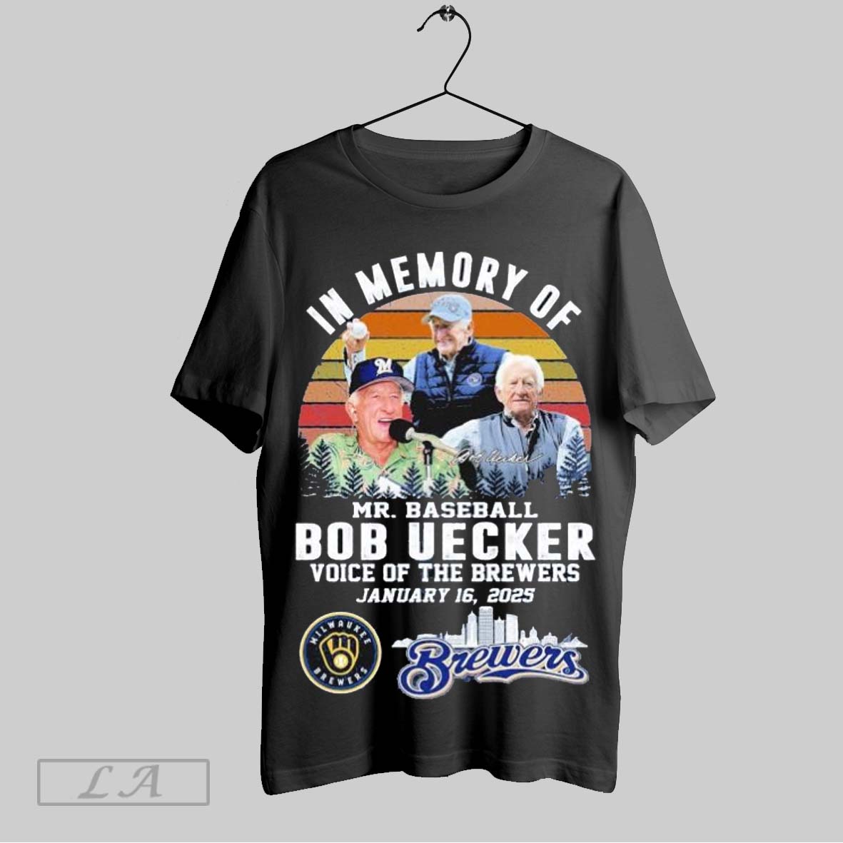 Top In Memory Of Mr Baseball Bob Uecker Voice Of The Milwaukee Brewers January 16 2025 Vintage Signature T Shirt Sweatshirt Hoodie Shirt