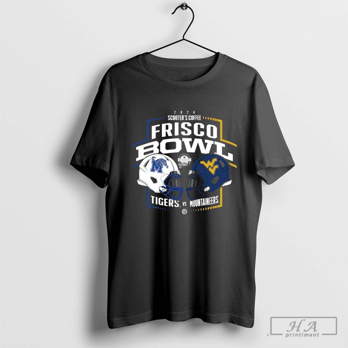 West Virginia Mountaineers Vs Memphis Tigers 2024 Scooters Coffee Frisco Bowl Head To Head Helmet Shirt
