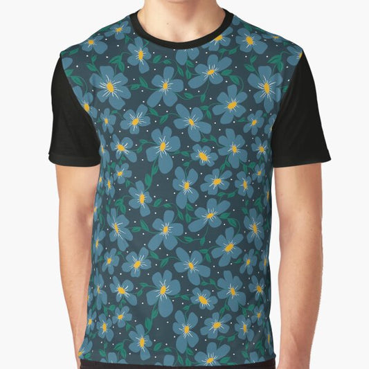 Blue Yellow Groovy Retro Flowers Graphic T-Shirt