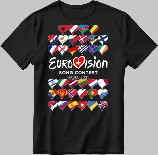 All Flag Eurovision Song Contest BASEL 2025 White-Black Men / Women T Shirt EU25