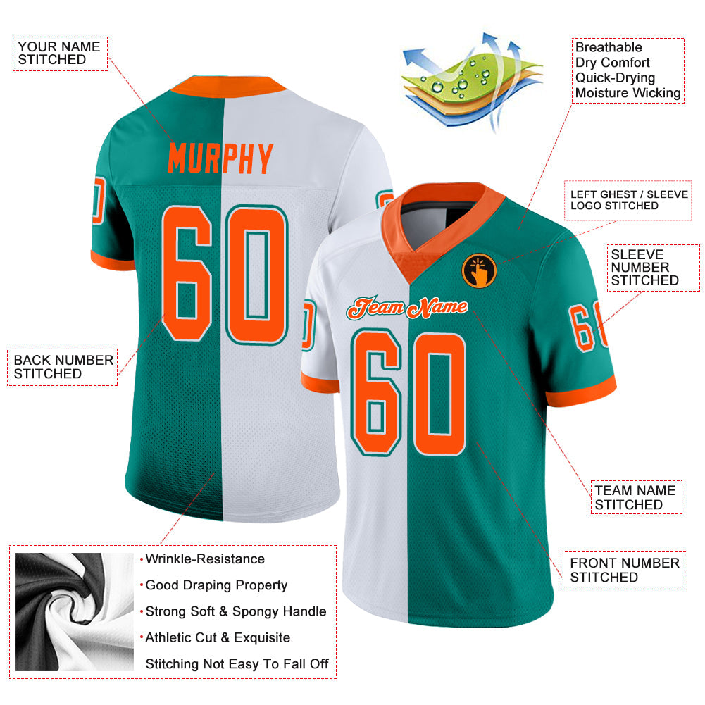 Custom Aqua Orange-White Split Fashion Football Jersey