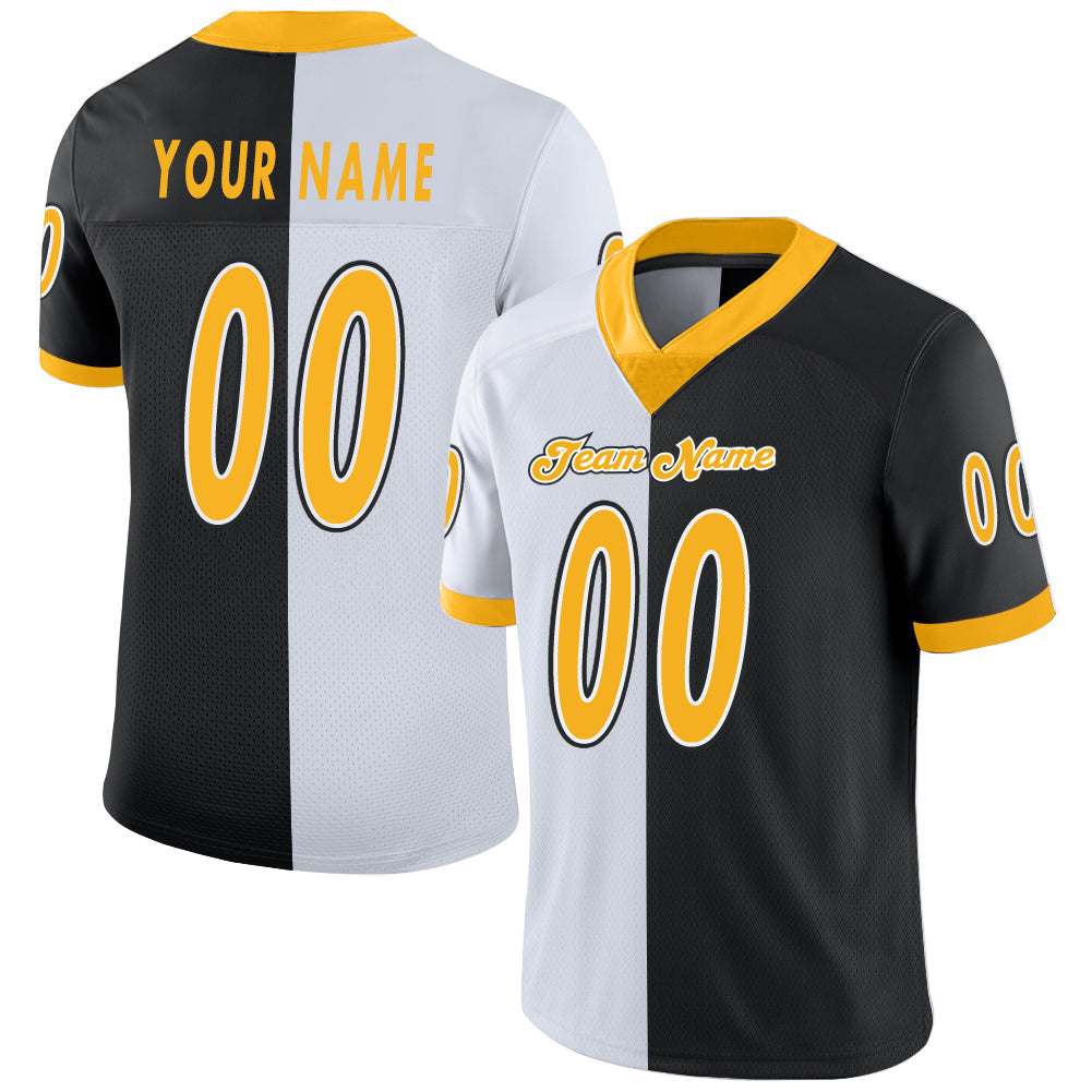 Custom Black Gold-White Split Fashion Football Jersey