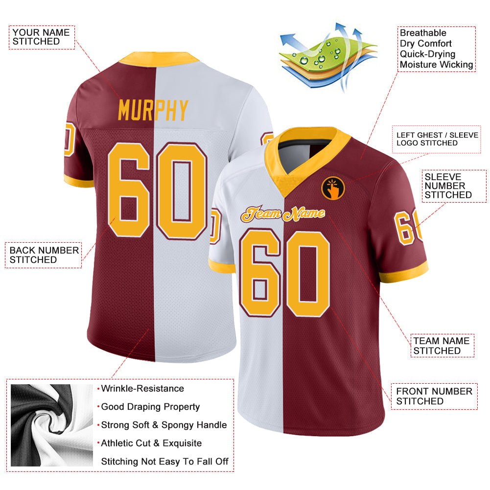 Custom Burgundy Gold-White Split Fashion Football Jersey