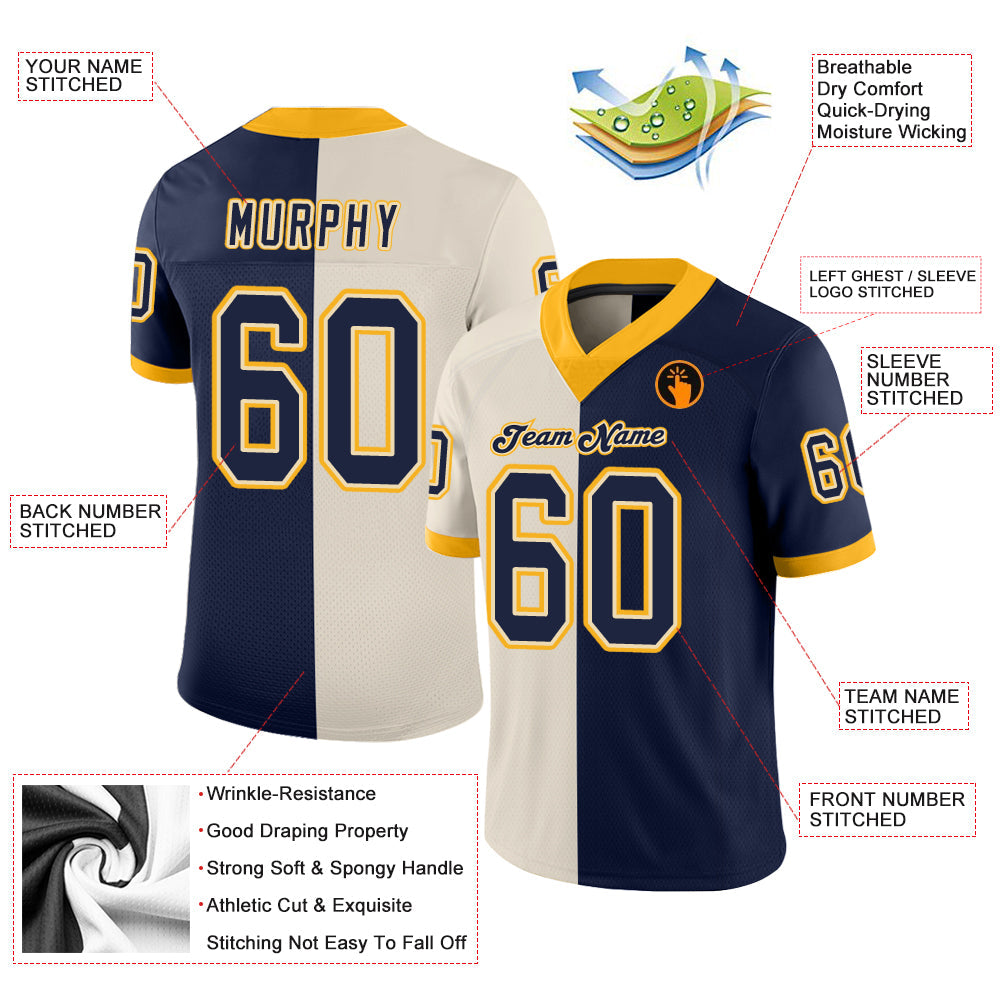 Custom Cream Navy-Gold Split Fashion Football Jersey