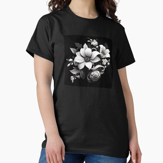 Black and White Retro Flower Art 5 Classic T-Shirt