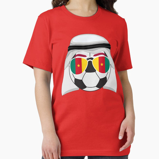 Cameroon Flag inside Sunglasses on a Soccer ball Wearing a Keffiyeh Essential T-Shirt