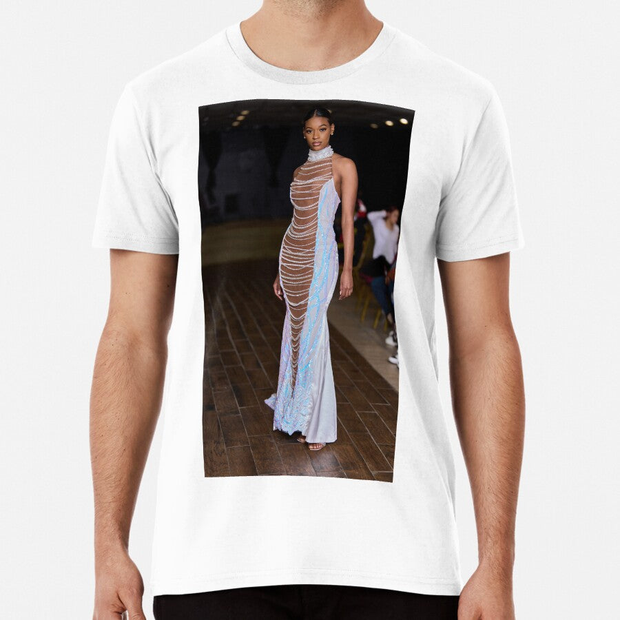 Beautiful Runway Model Wearing A Silvery Dress With Pink And Blue Accent Premium T Shirt