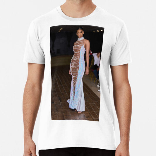 Beautiful Runway Model Wearing A Silvery Dress With Pink And Blue Accent Premium T Shirt