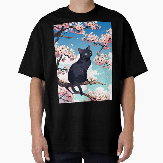 Black Cat On Cherry Blossom Oversized T Shirt